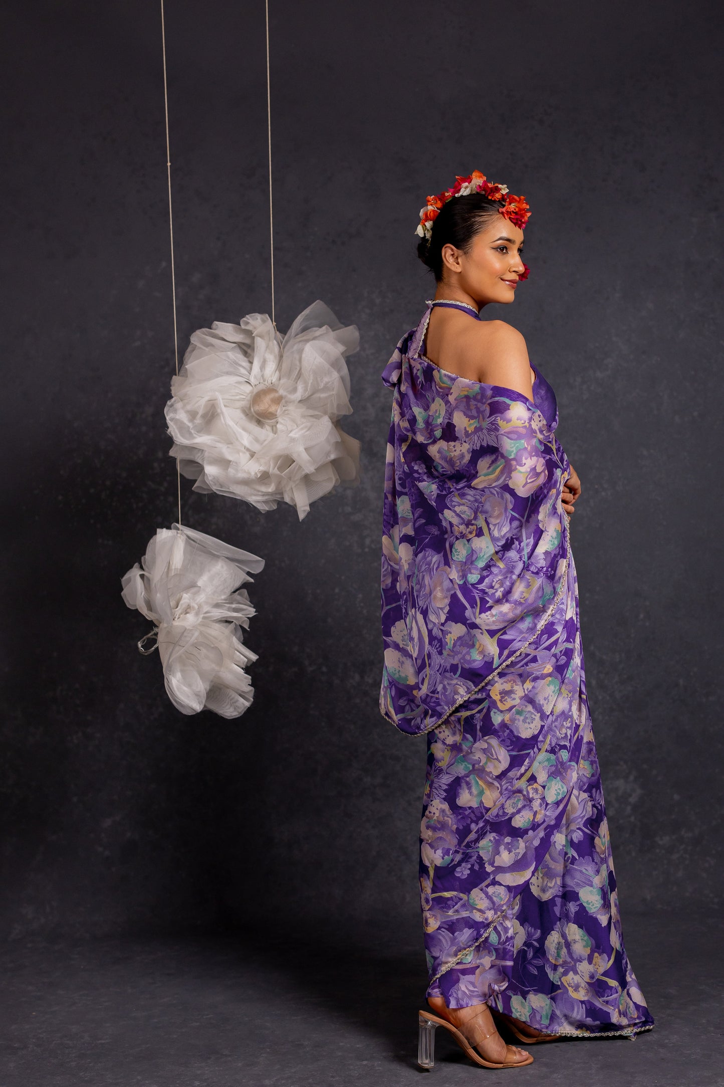 Women's Chiffon Floral Printed Lace Applique Saree