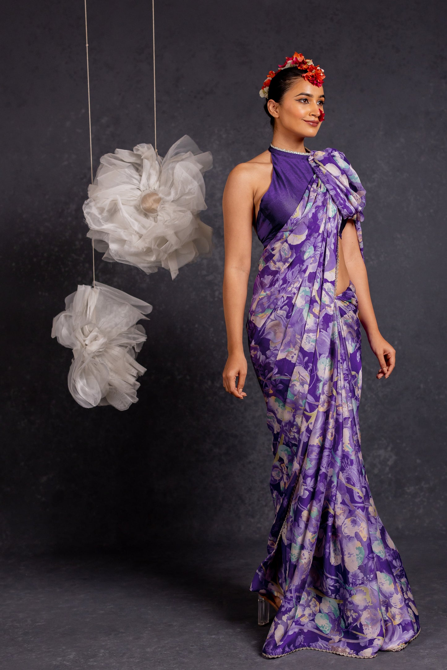 Women's Chiffon Floral Printed Lace Applique Saree