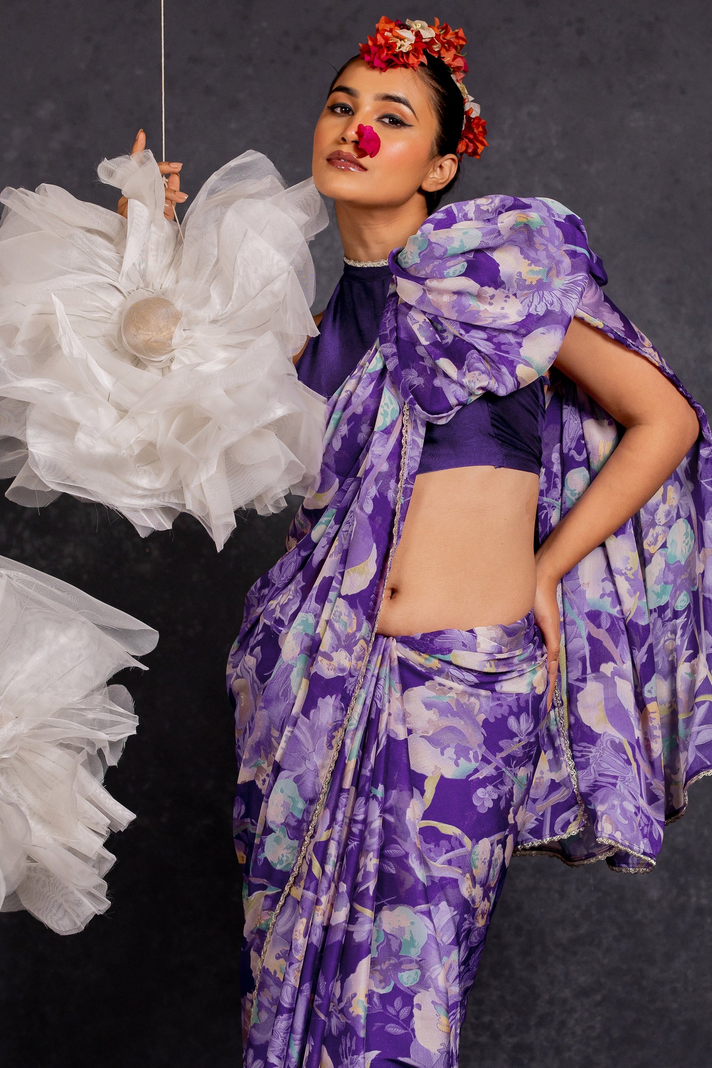 Women's Chiffon Floral Printed Lace Applique Saree