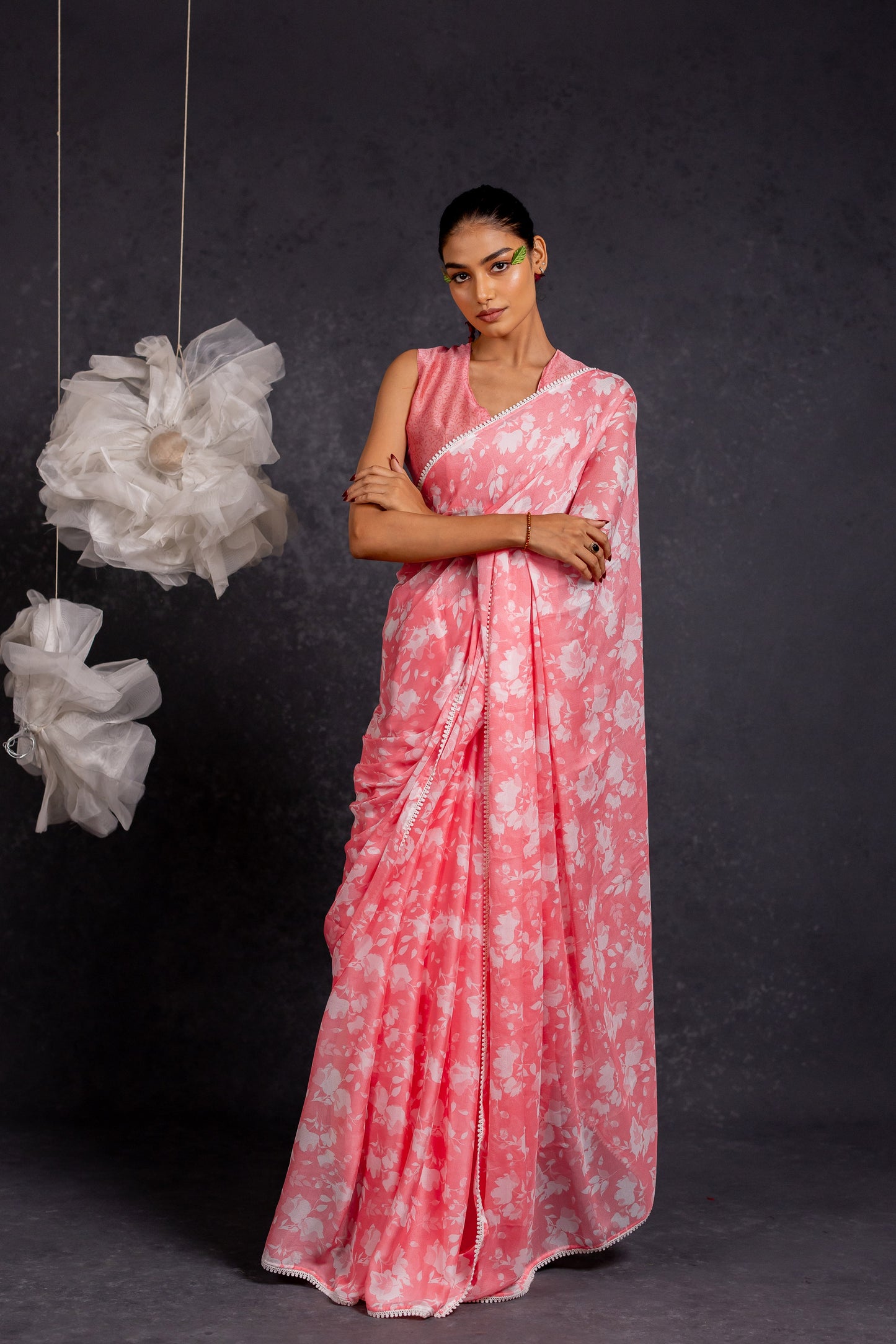 Women's Chiffon Floral Printed with crochet lace Saree