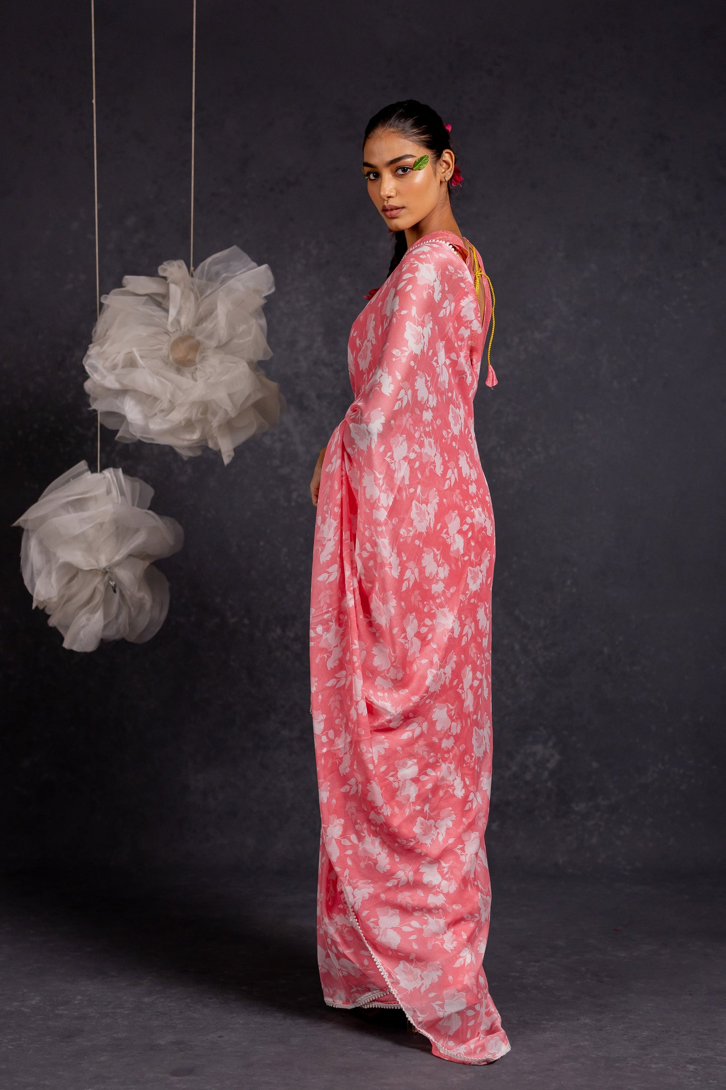 Women's Chiffon Floral Printed with crochet lace Saree