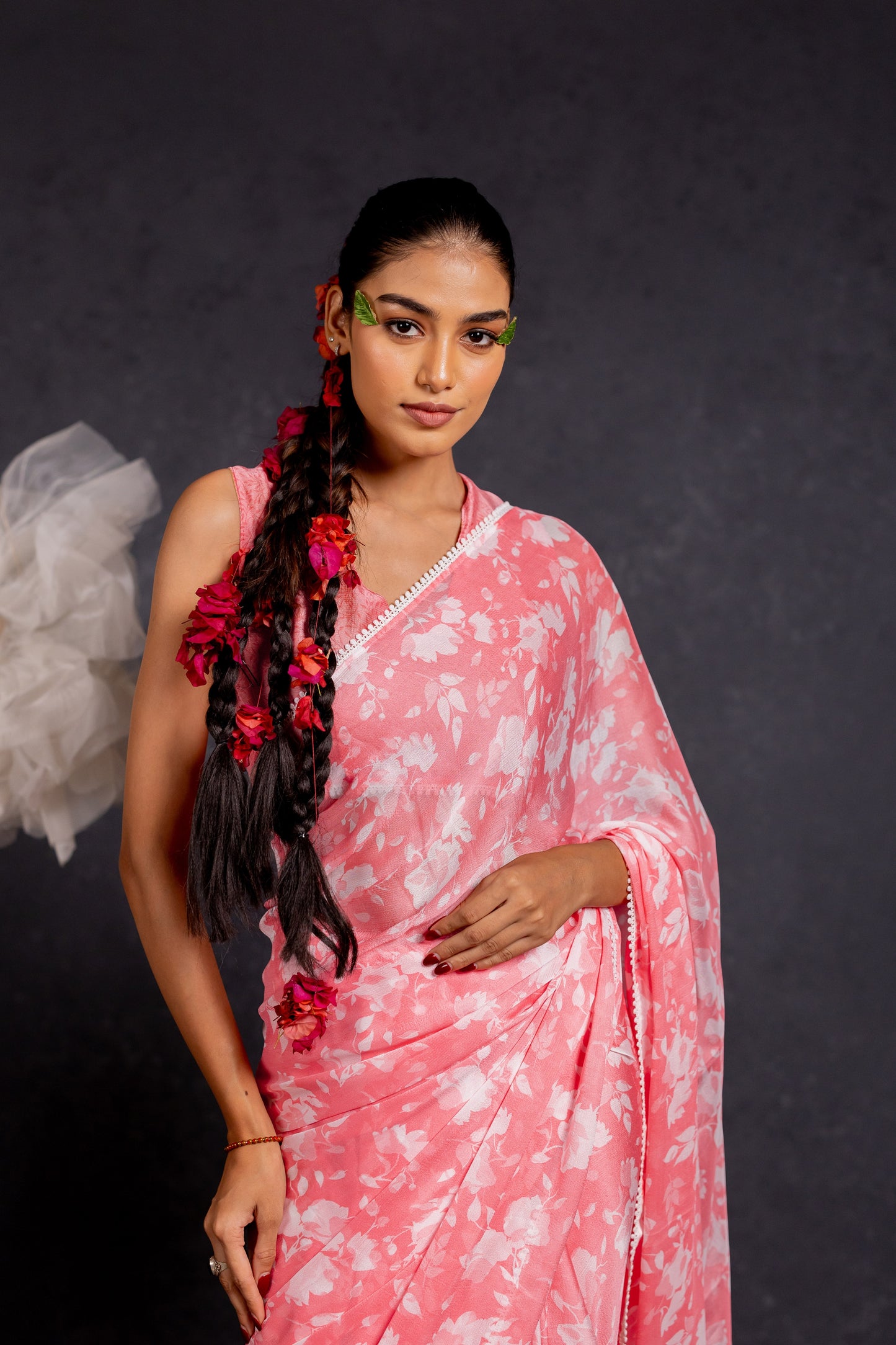 Women's Chiffon Floral Printed with crochet lace Saree