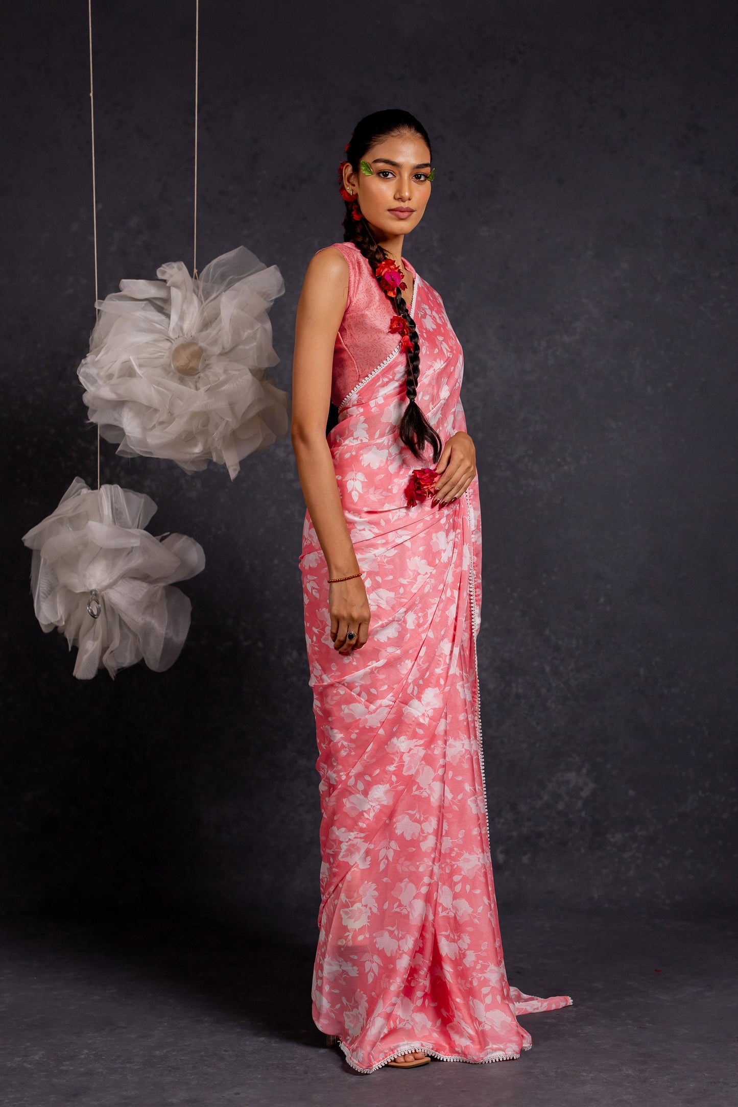 Women's Chiffon Floral Printed with crochet lace Saree