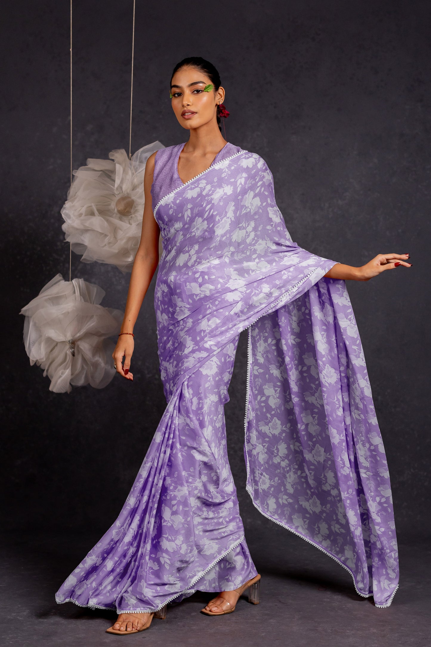 Women's Chiffon Floral Printed with crochet lace Saree