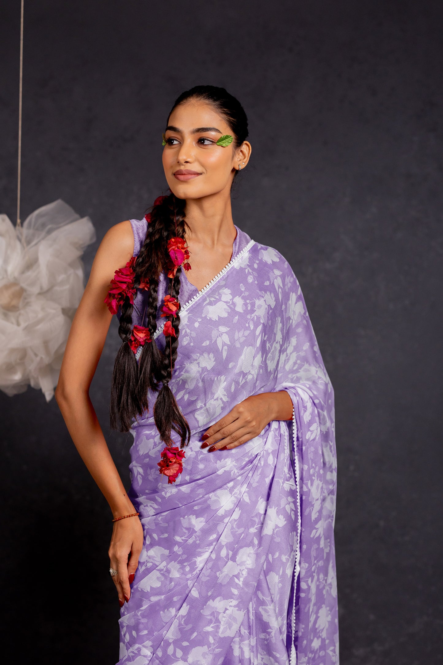 Women's Chiffon Floral Printed with crochet lace Saree