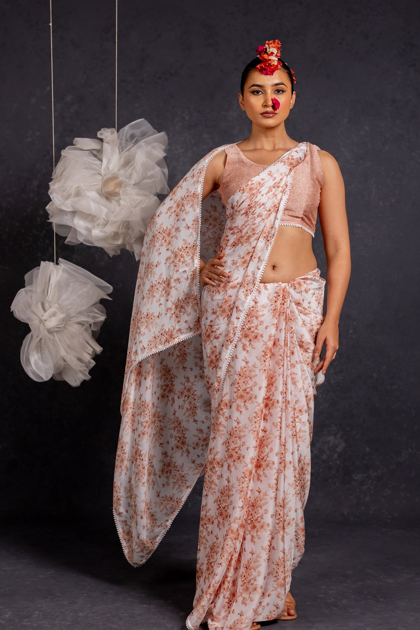 Women's Chiffon Floral Printed with crochet lace Saree