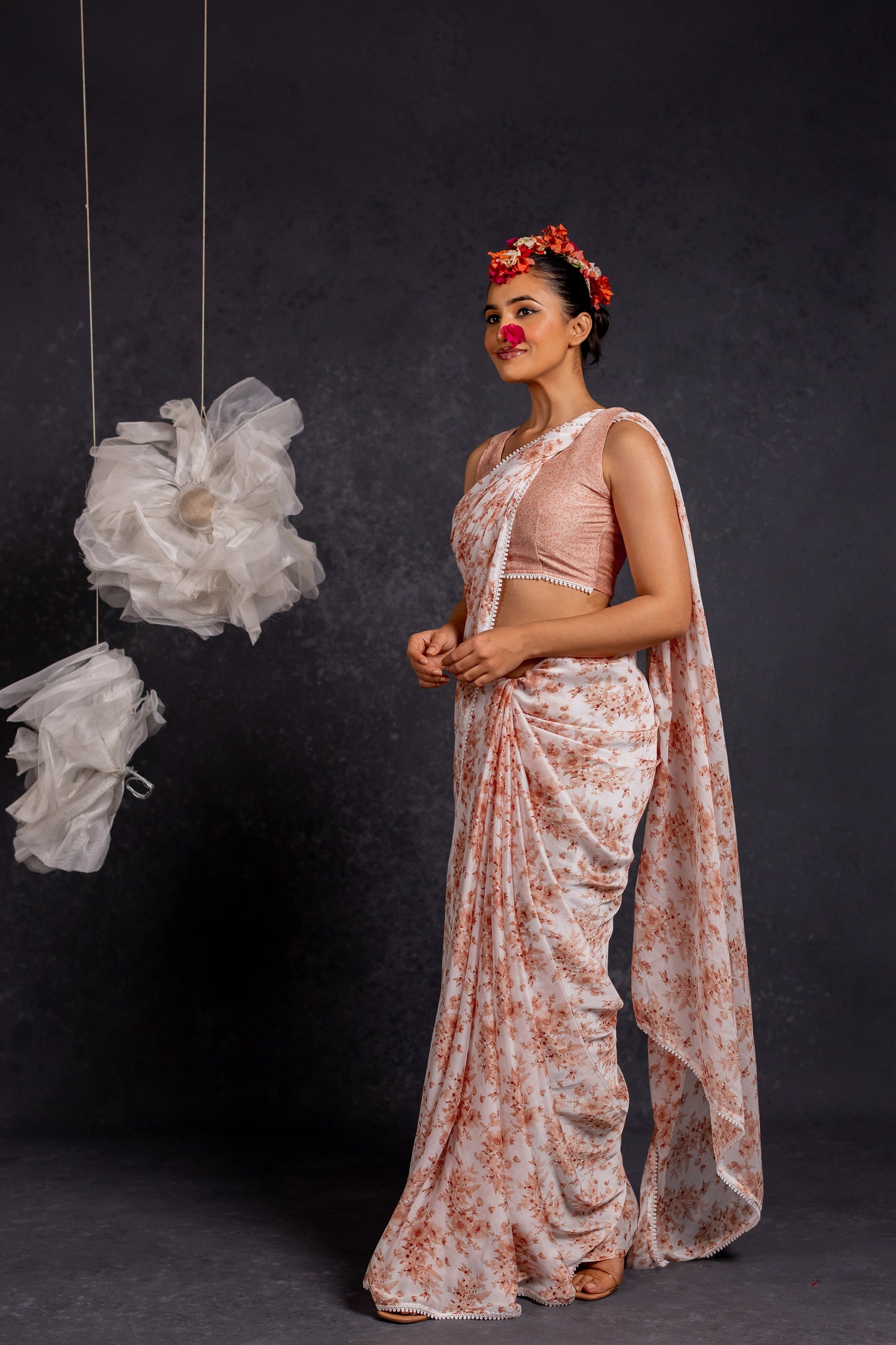 Women's Chiffon Floral Printed with crochet lace Saree