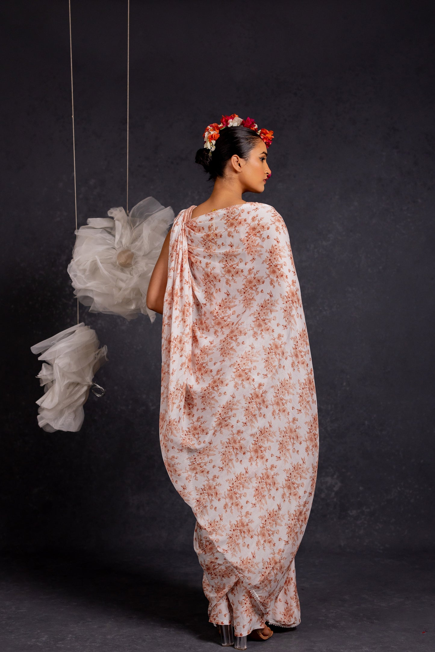 Women's Chiffon Floral Printed with crochet lace Saree