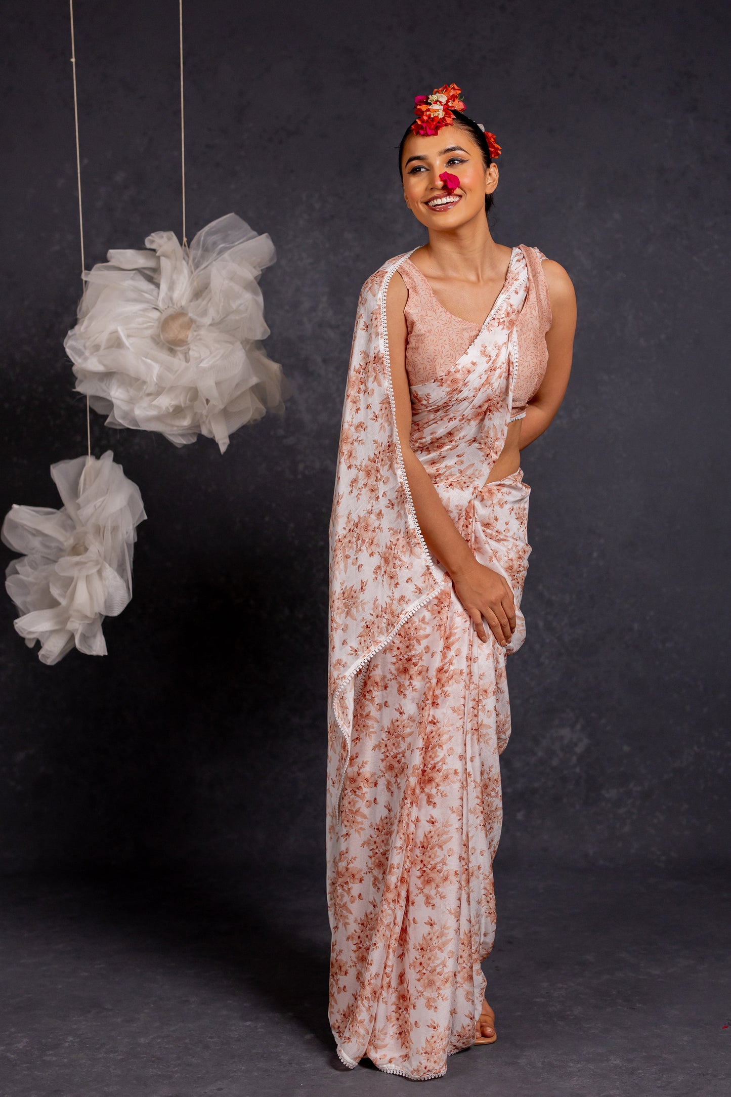 Women's Chiffon Floral Printed with crochet lace Saree