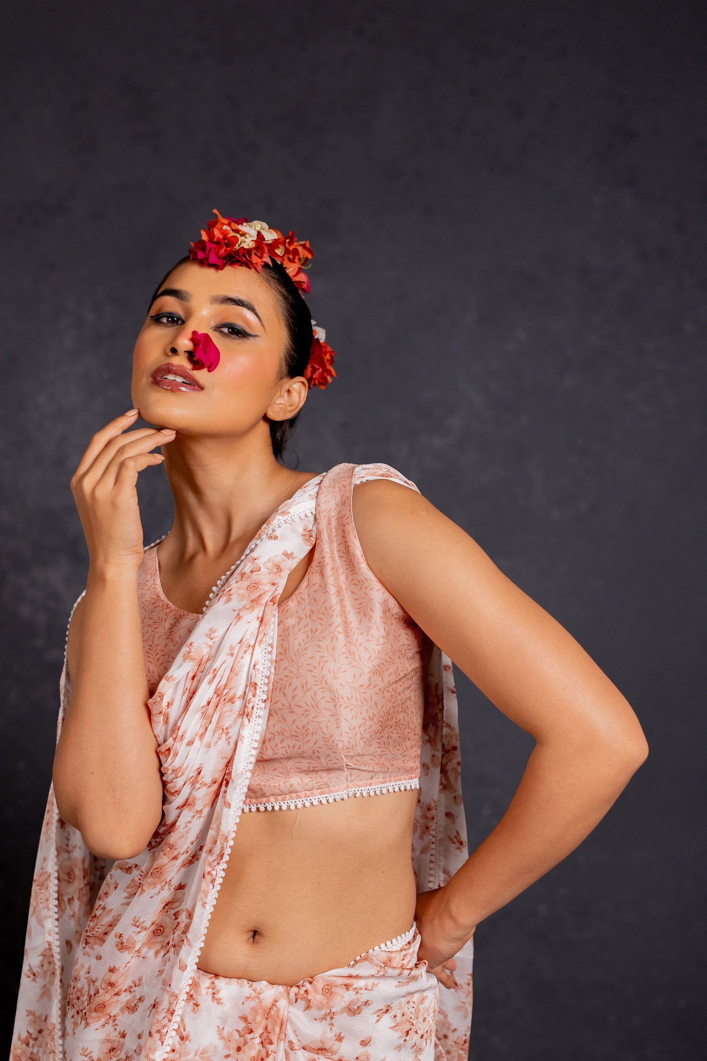 Women's Chiffon Floral Printed with crochet lace Saree