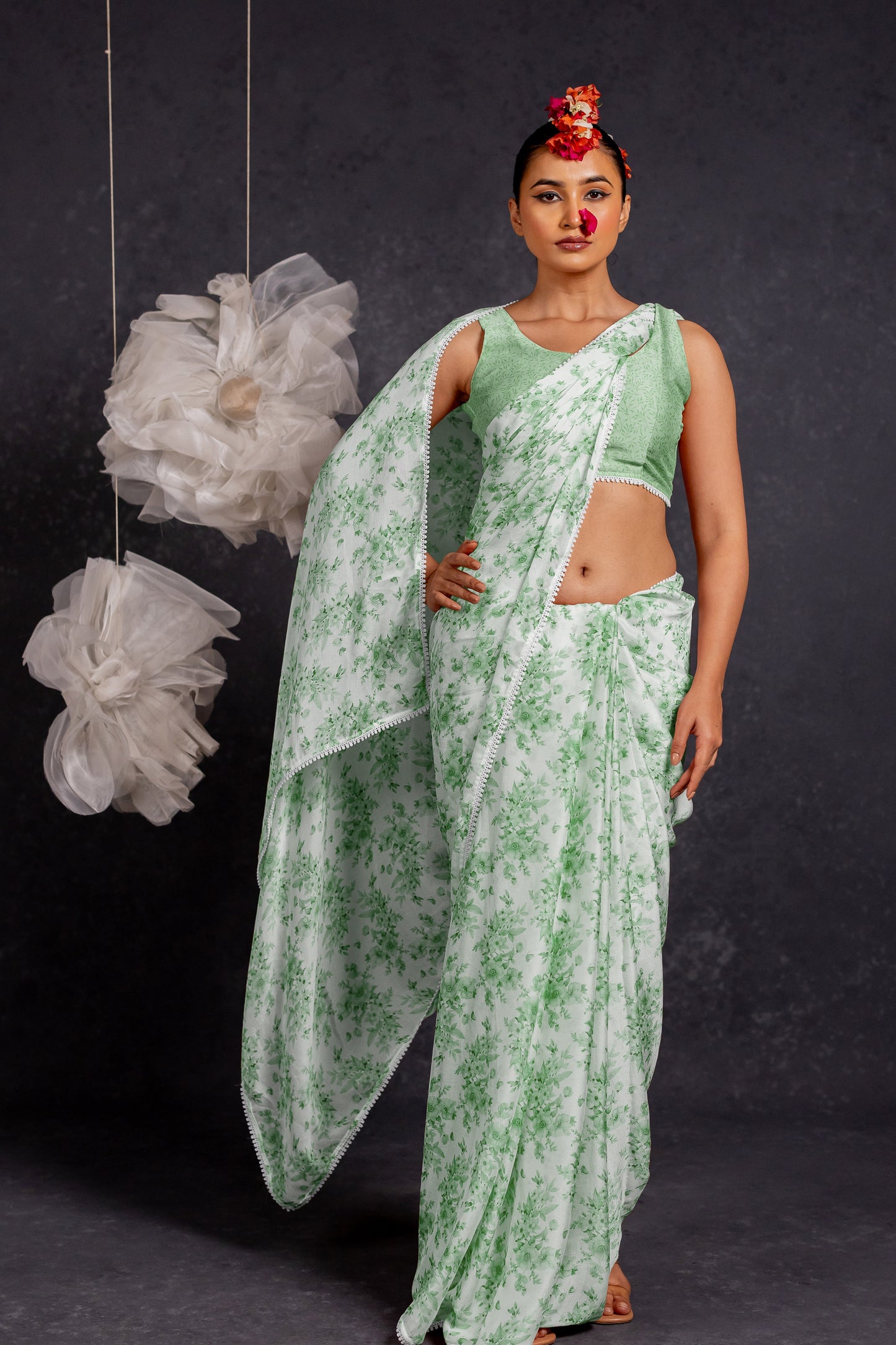 Women's Chiffon Floral Printed with crochet lace Saree