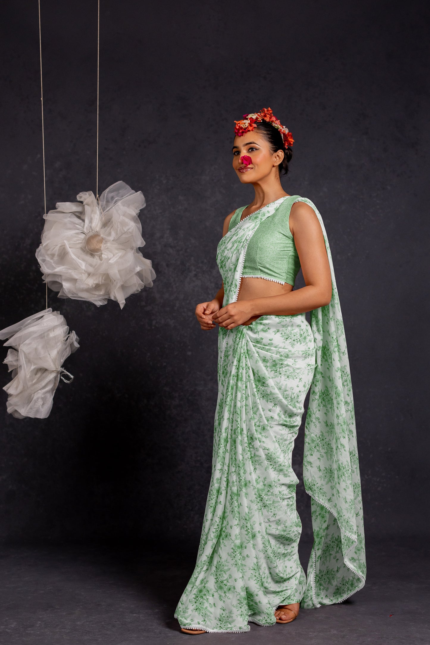 Women's Chiffon Floral Printed with crochet lace Saree