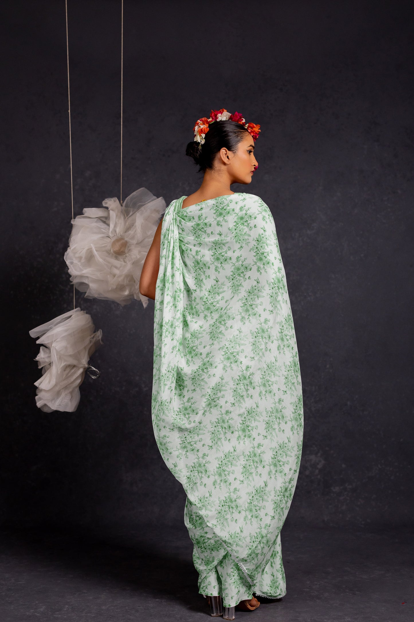 Women's Chiffon Floral Printed with crochet lace Saree