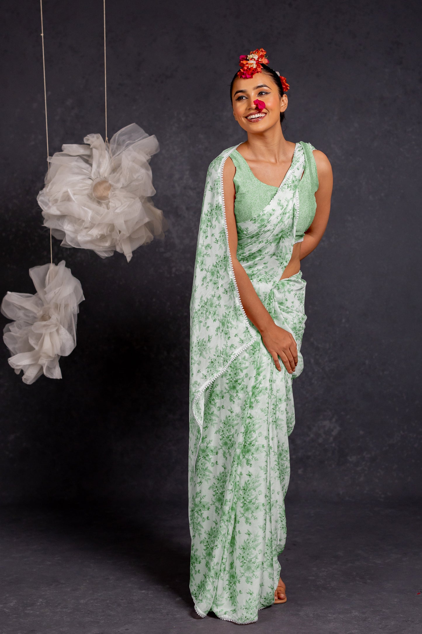 Women's Chiffon Floral Printed with crochet lace Saree