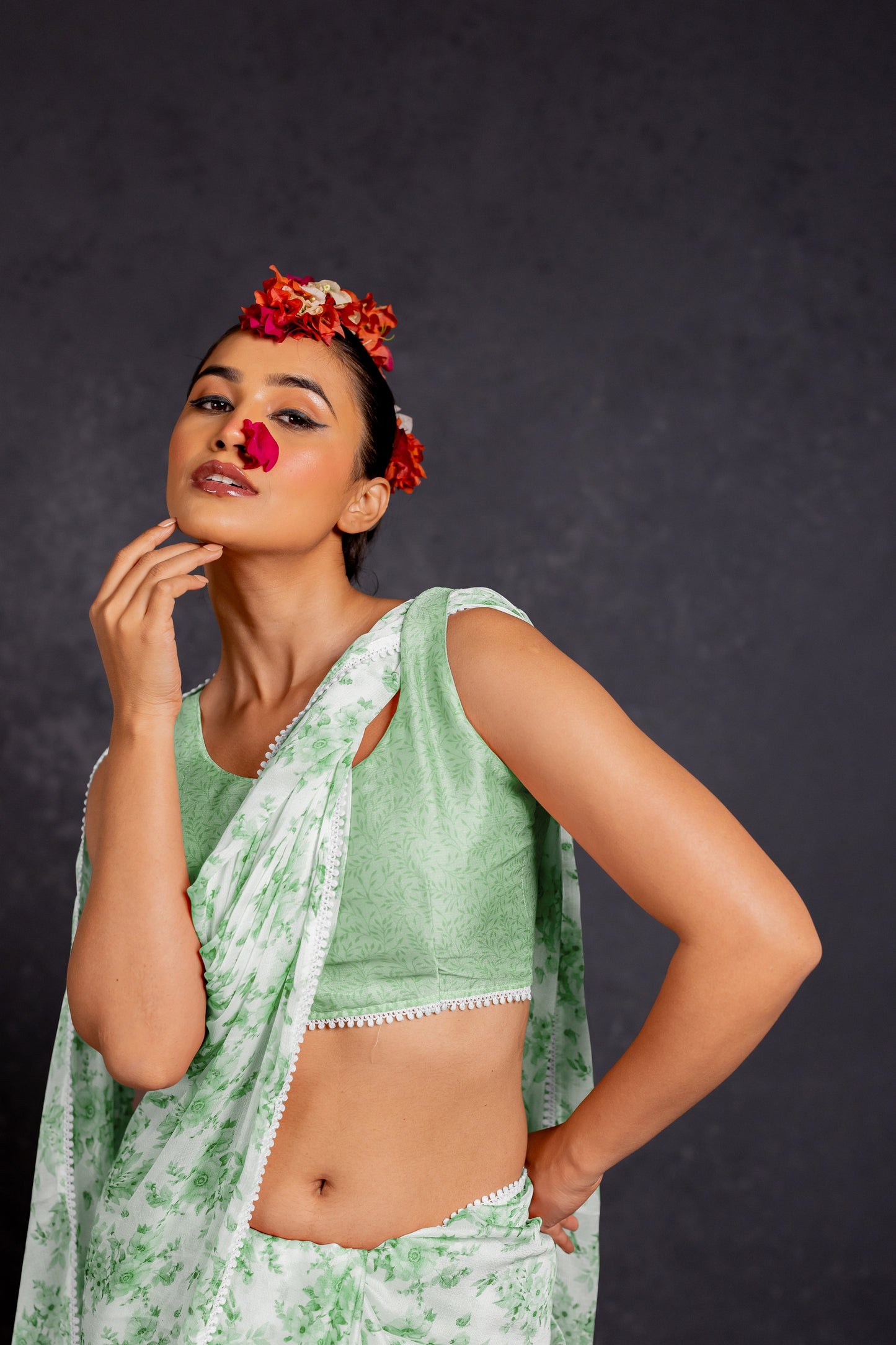 Women's Chiffon Floral Printed with crochet lace Saree