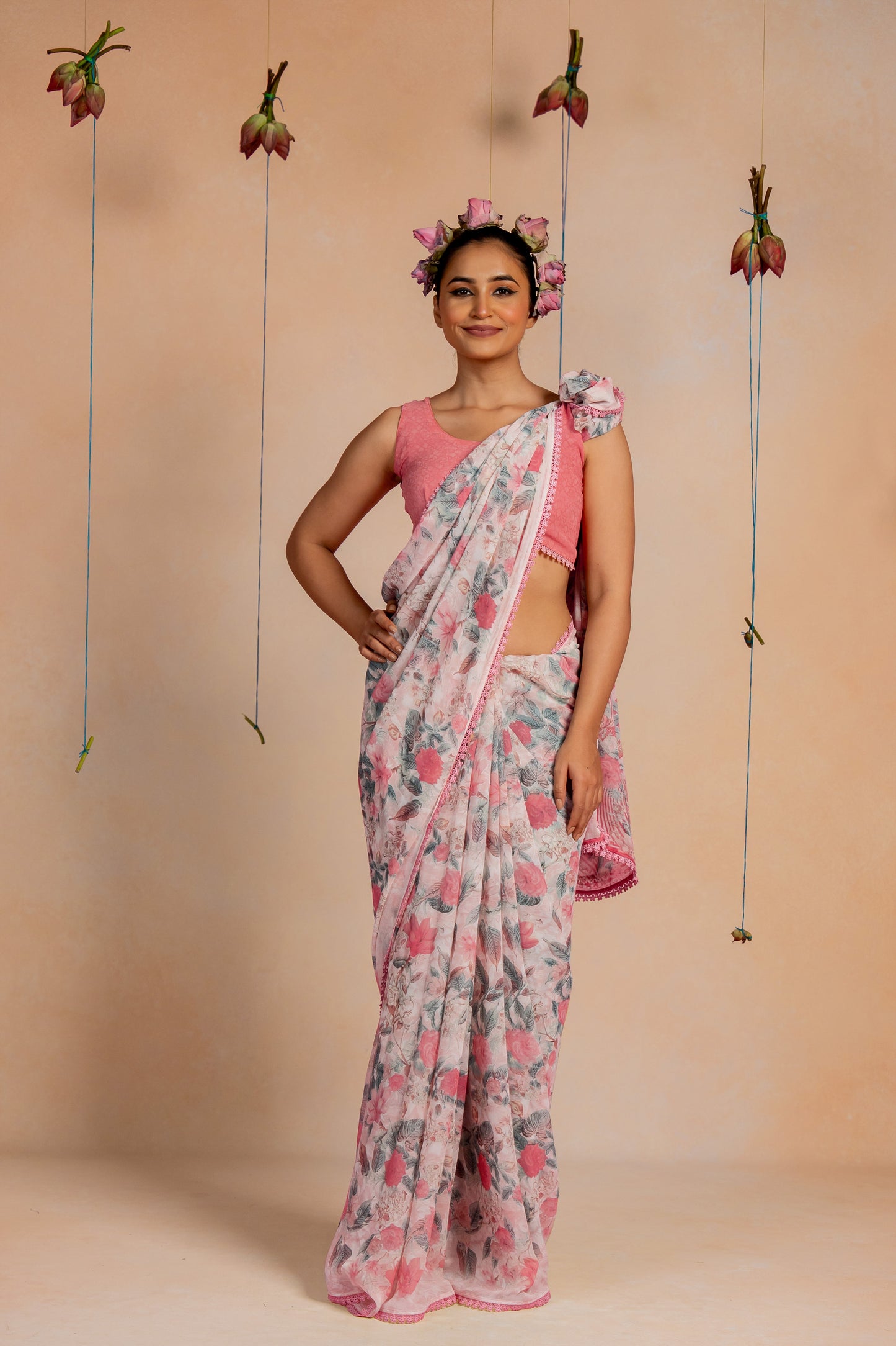 Women's georgette Floral Printed crochet lace Saree