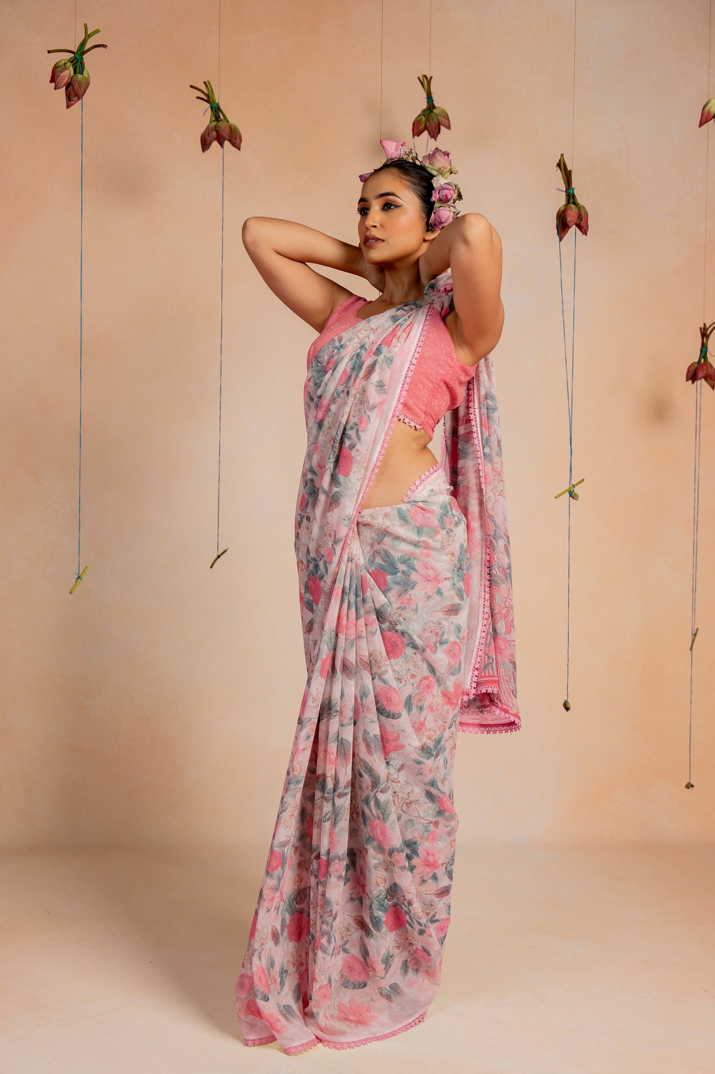 Women's georgette Floral Printed crochet lace Saree