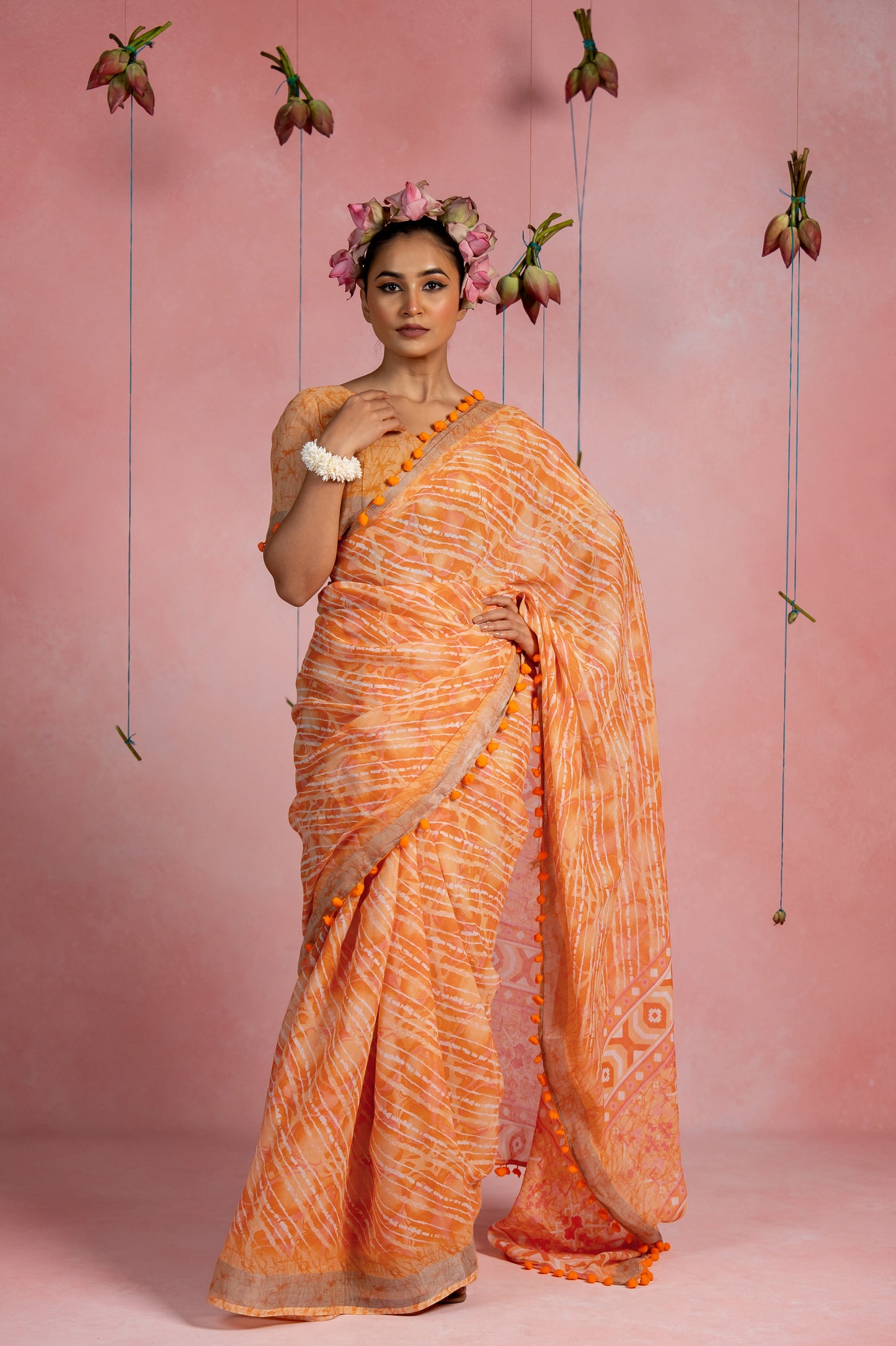 Beautiful Stripe & Geometric Printed Cotton linen Saree