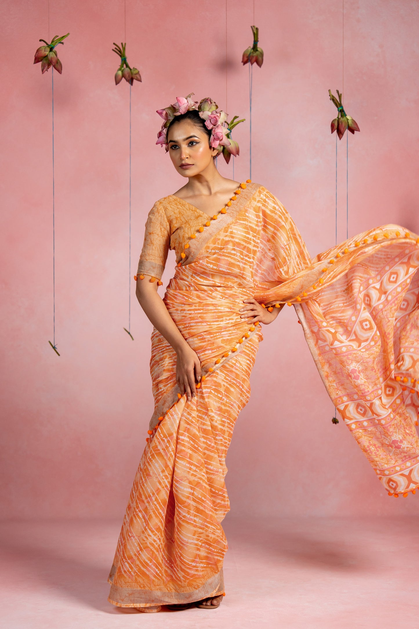 Beautiful Stripe & Geometric Printed Cotton linen Saree