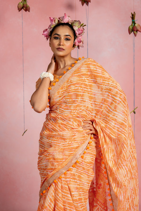 Beautiful Stripe & Geometric Printed Cotton linen Saree