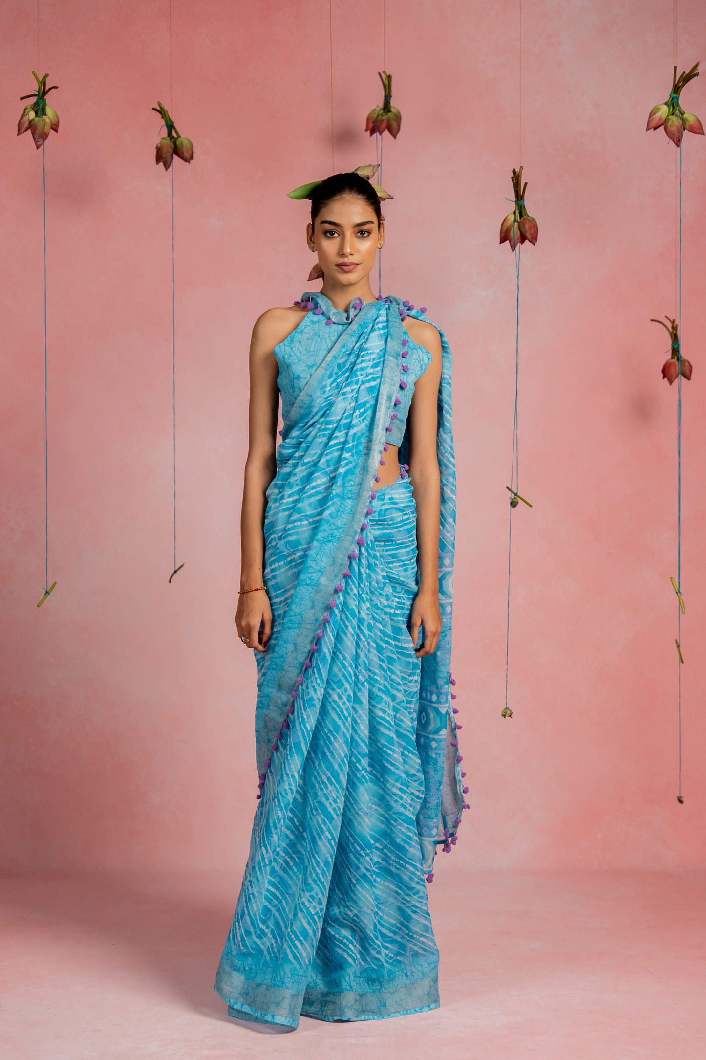 Beautiful Stripe & Geometric Printed Cotton linen Saree