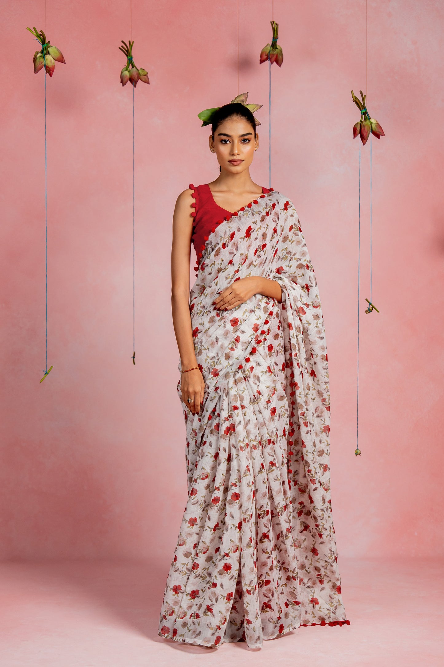 Beautiful Floral Printed Cotton linen Saree
