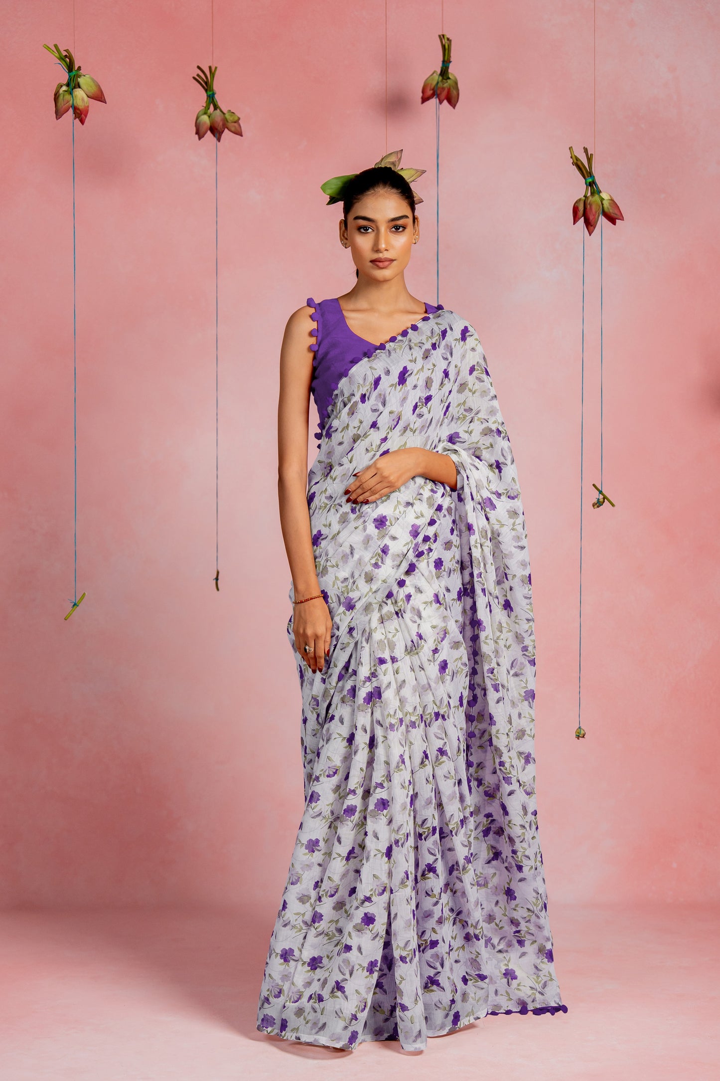 Beautiful Floral Printed Cotton linen Saree