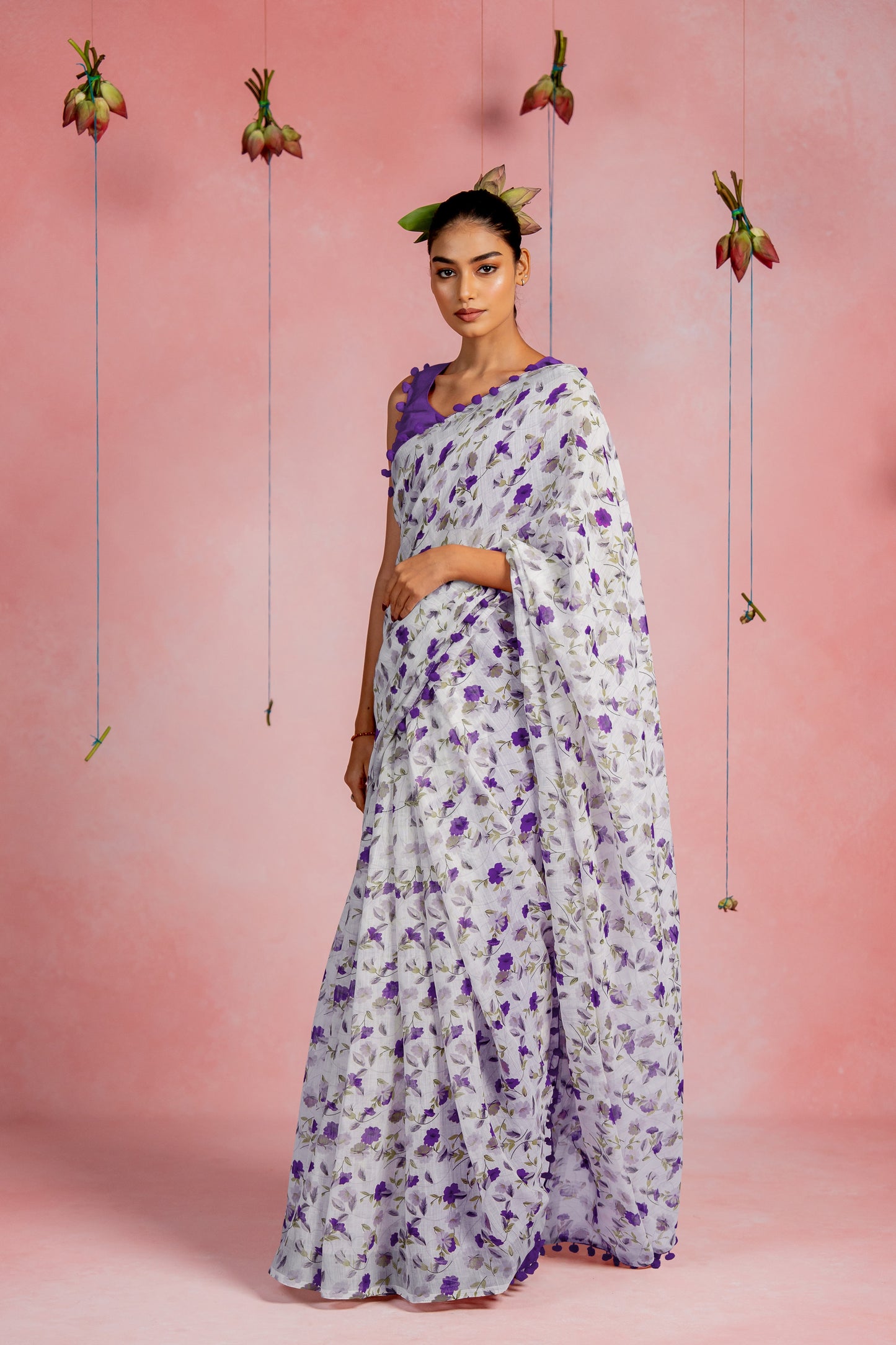 Beautiful Floral Printed Cotton linen Saree