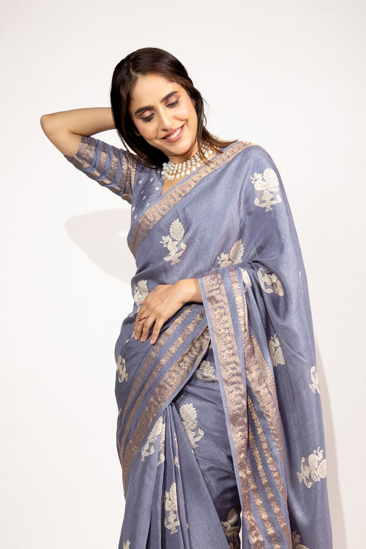 Beautiful Cotton Silk Peacock Block Print Saree With Unstitched Blouse