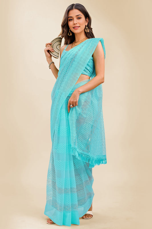 Trendy Thread Embroidred Net Saree