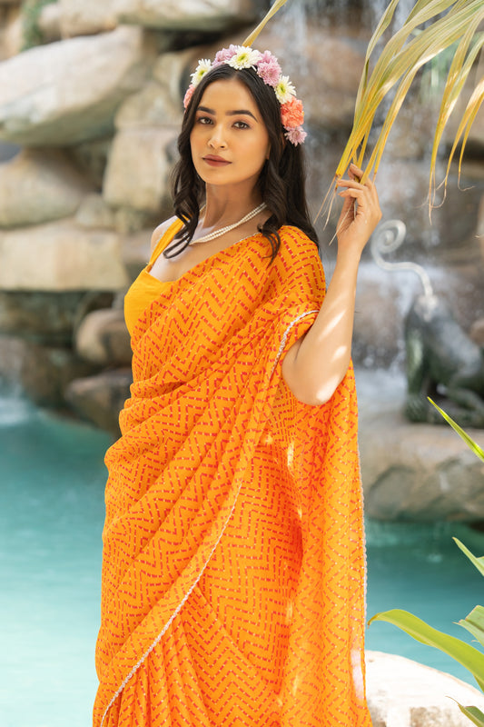 Women Chiffon Leheriya Print With Lace Border Saree With Unstitched Blouse