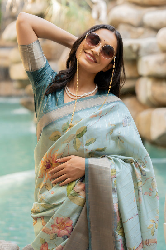 Latest Silk Blend,Cotton Silk Floral Print Saree With Unstitched Blouse