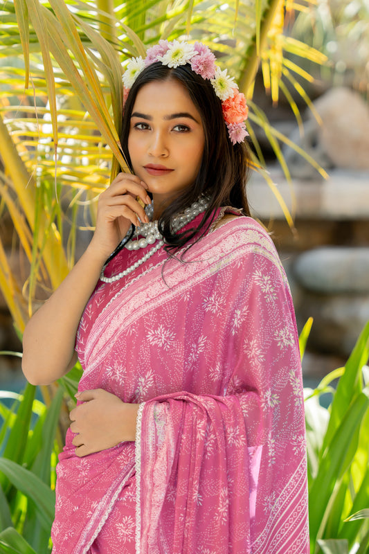 Trendy Chiffon Floral Foil Print With Lace Border Saree With Unstitched Blouse