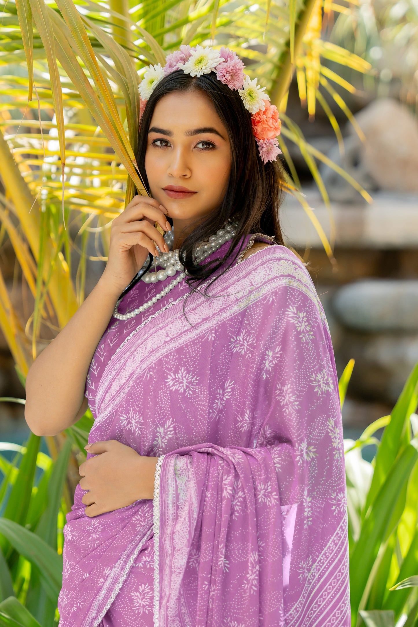 Trendy Chiffon Floral Foil Print With Lace Border Saree With Unstitched Blouse