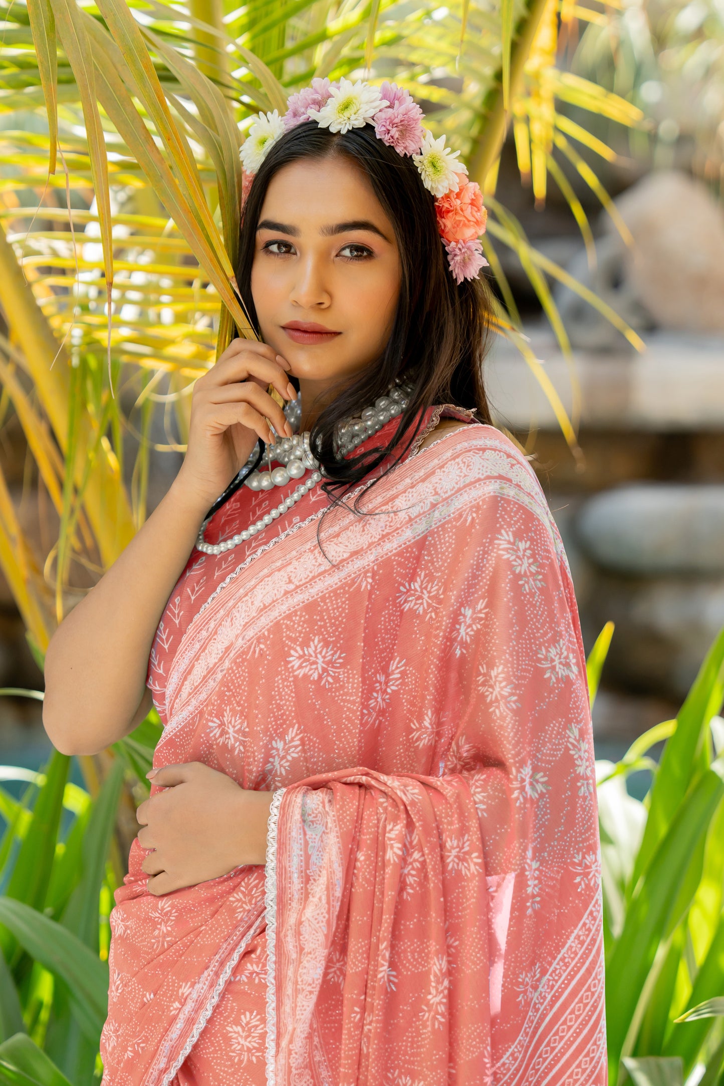 Trendy Chiffon Floral Foil Print With Lace Border Saree With Unstitched Blouse