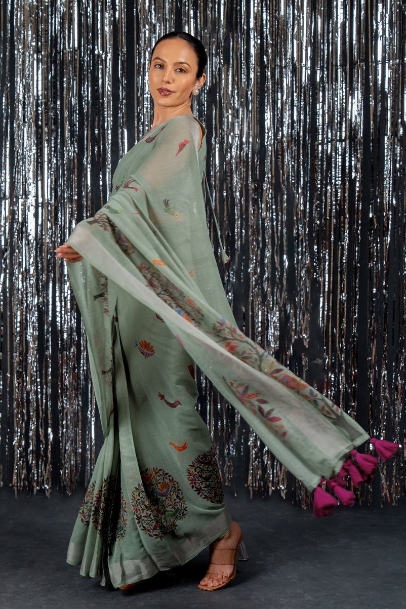 Beautiful Geometric Printed Cotton linen Saree
