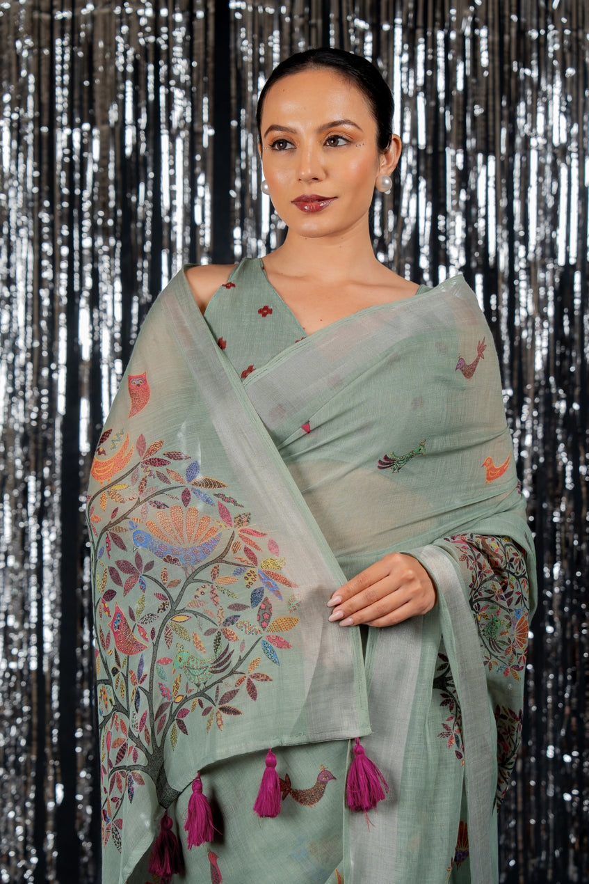 Beautiful Geometric Printed Cotton linen Saree