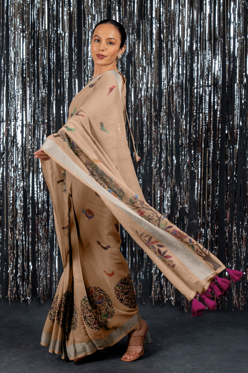 Beautiful Geometric Printed Cotton linen Saree