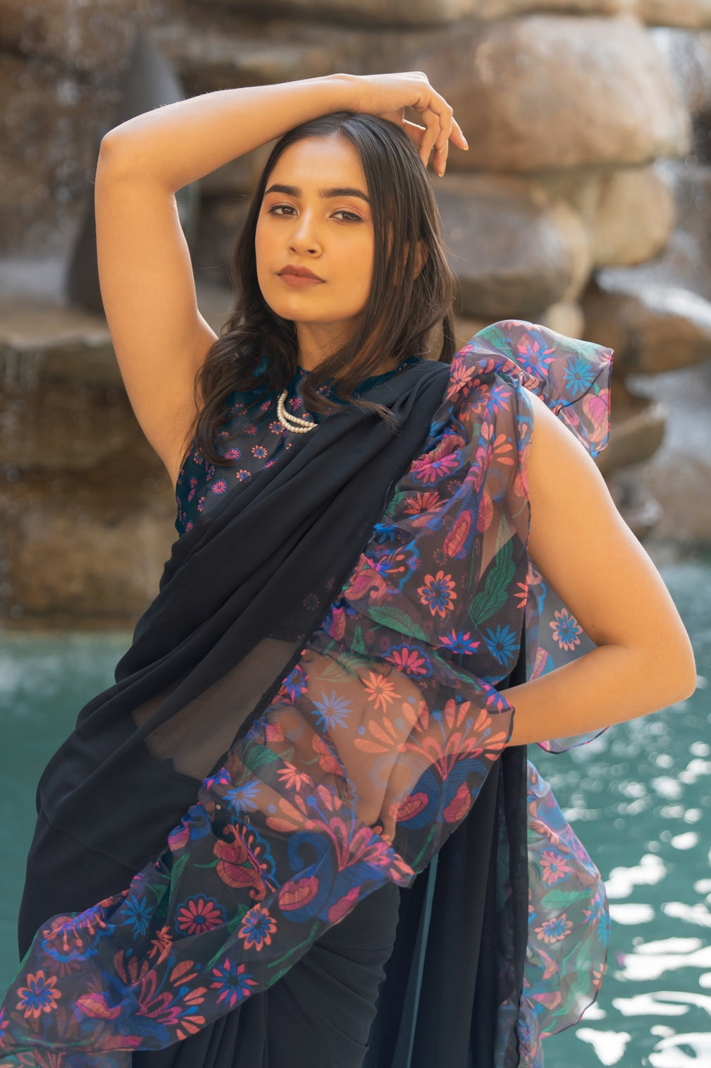 Contemporary Frill Ruffle Floral Printed Georgette Ready-to-wear Saree