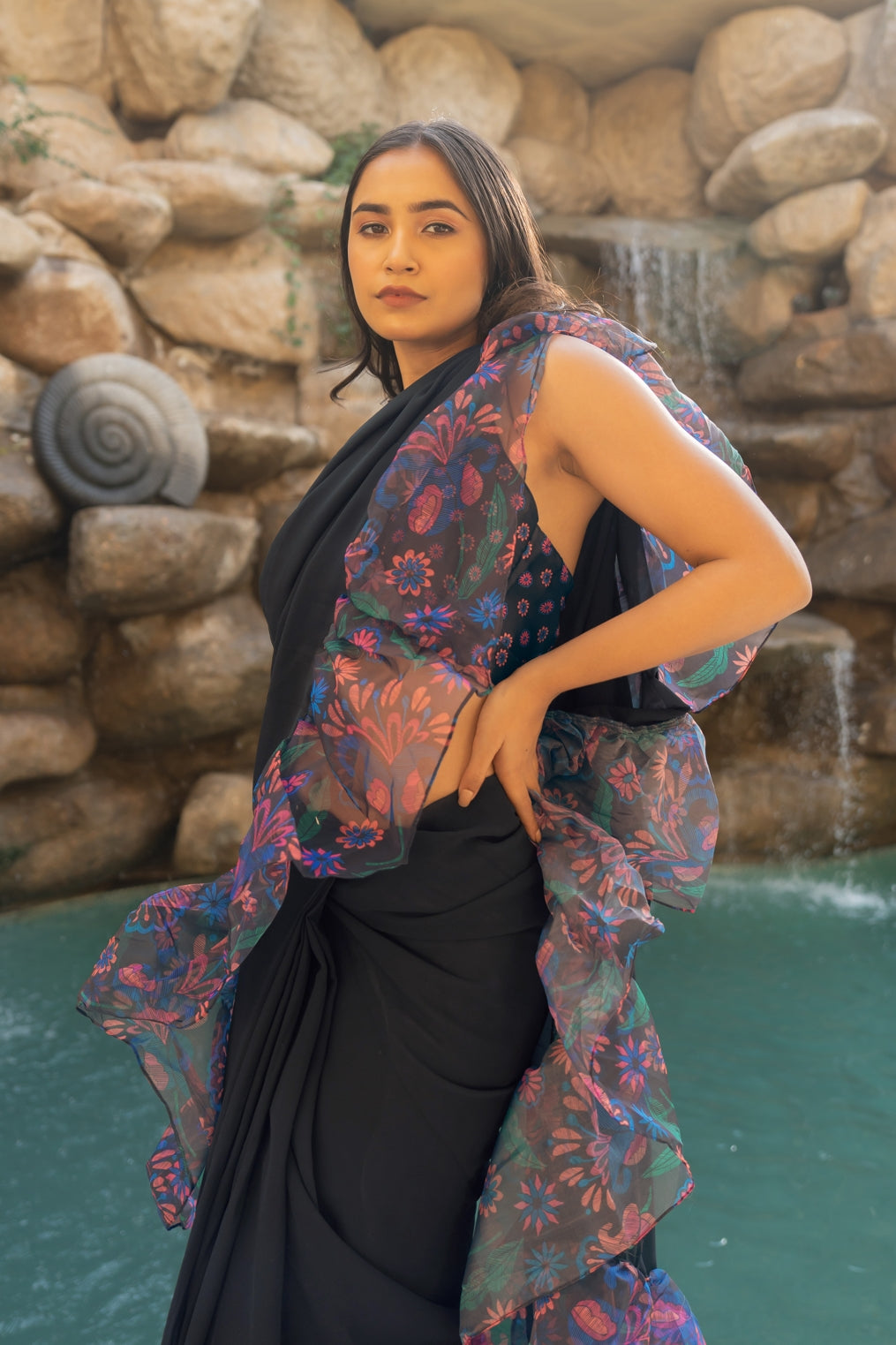 Contemporary Frill Ruffle Floral Printed Georgette Ready-to-wear Saree