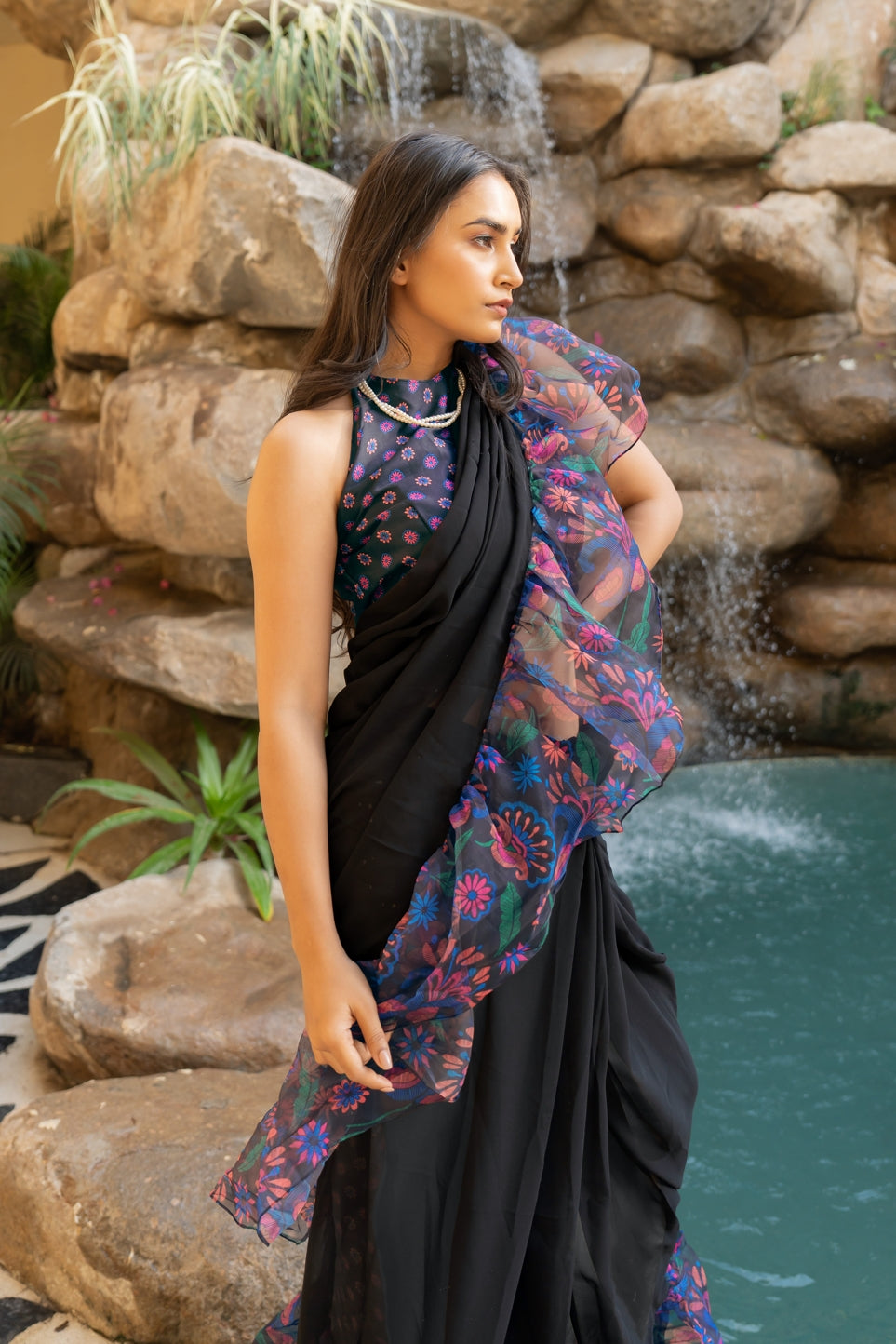 Contemporary Frill Ruffle Floral Printed Georgette Ready-to-wear Saree
