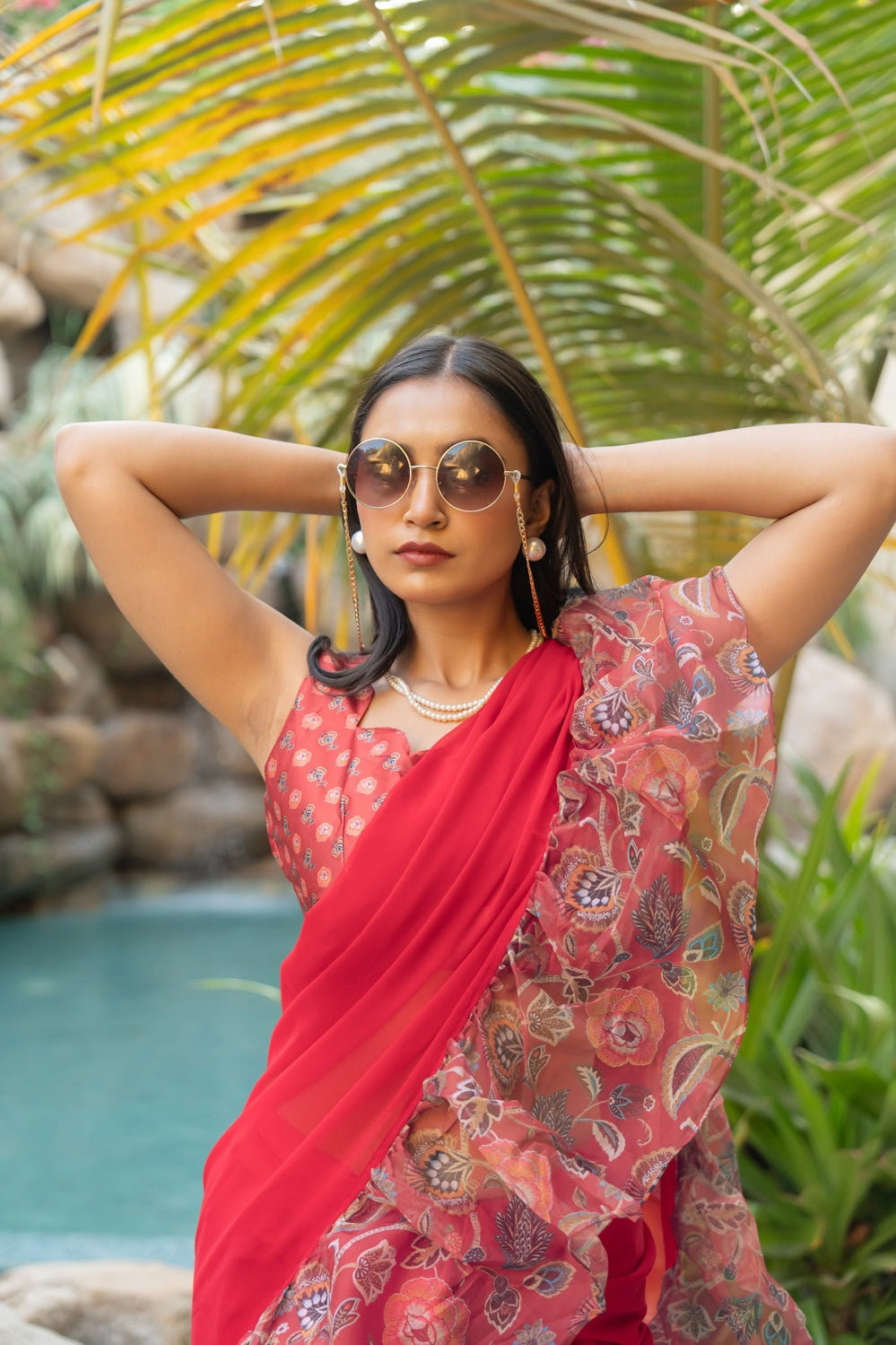 Contemporary Frill Ruffle Floral Printed Georgette Ready-to-wear Saree