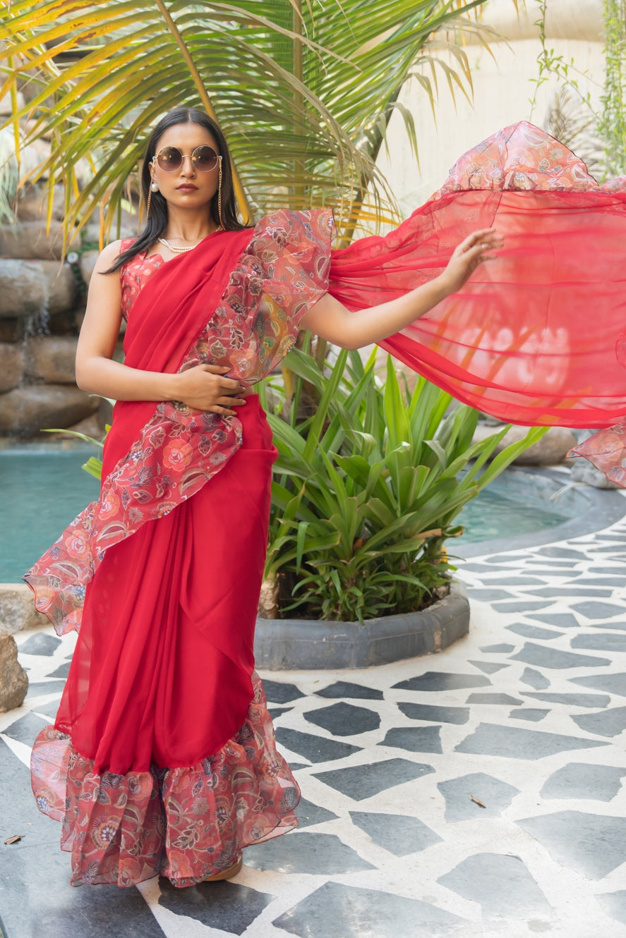 Contemporary Frill Ruffle Floral Printed Georgette Ready-to-wear Saree