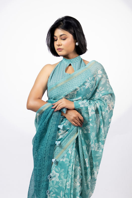 Beautiful Floral Printed Cotton Blend Saree