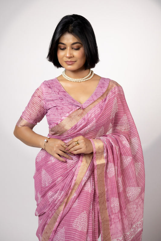 Trendy Block Printed Cotton Blend Saree