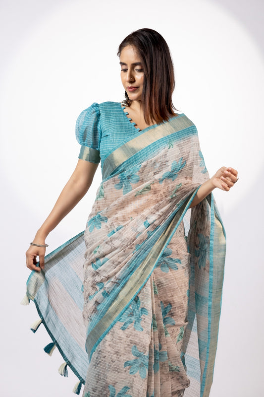 Tropical Floral Printed Cotton Blend Saree
