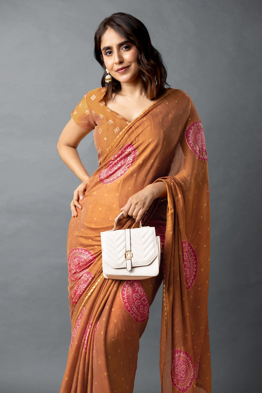 Trendy Chiffon Bandhani Foil Print With Lace Border Saree With Unstitched Blouse