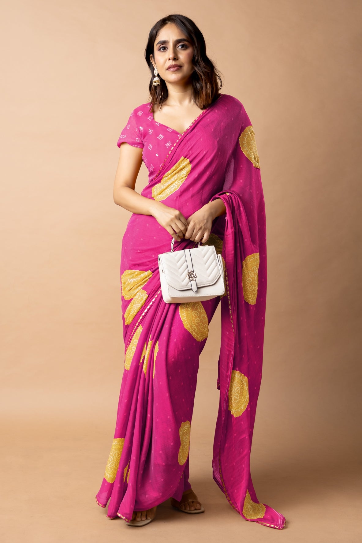 Trendy Chiffon Bandhani Foil Print With Lace Border Saree With Unstitched Blouse