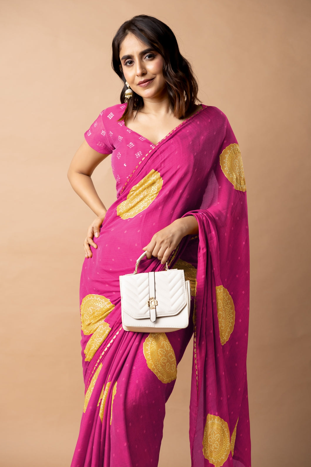 Trendy Chiffon Bandhani Foil Print With Lace Border Saree With Unstitched Blouse