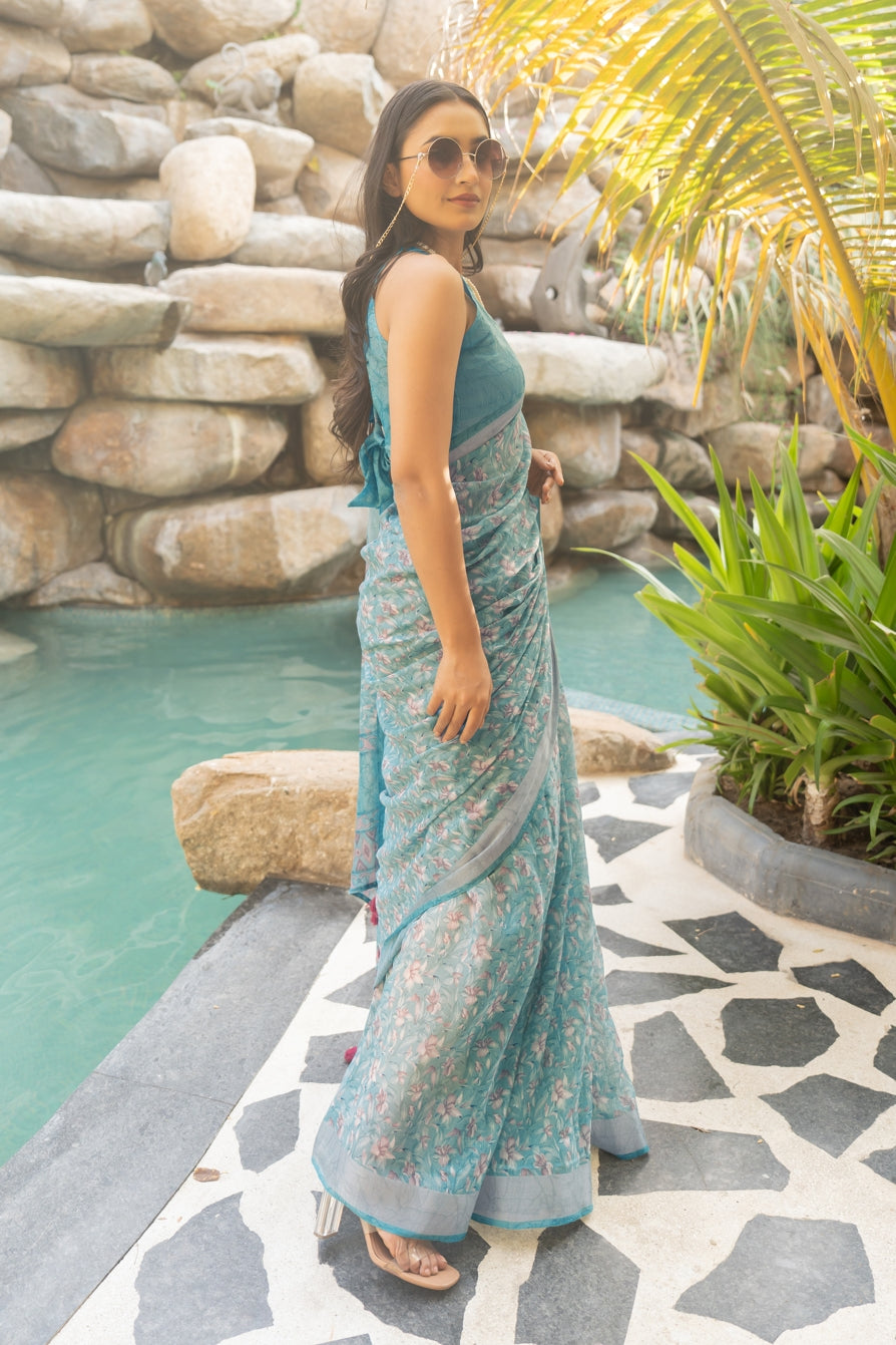 Beautiful Floral Printed Cotton blend Saree